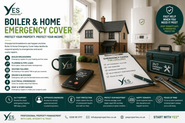 Professional property manager reviewing boiler and home emergency cover documents beside a rental property, highlighting protection against boiler breakdowns, burst pipes, plumbing emergencies and heating failures.