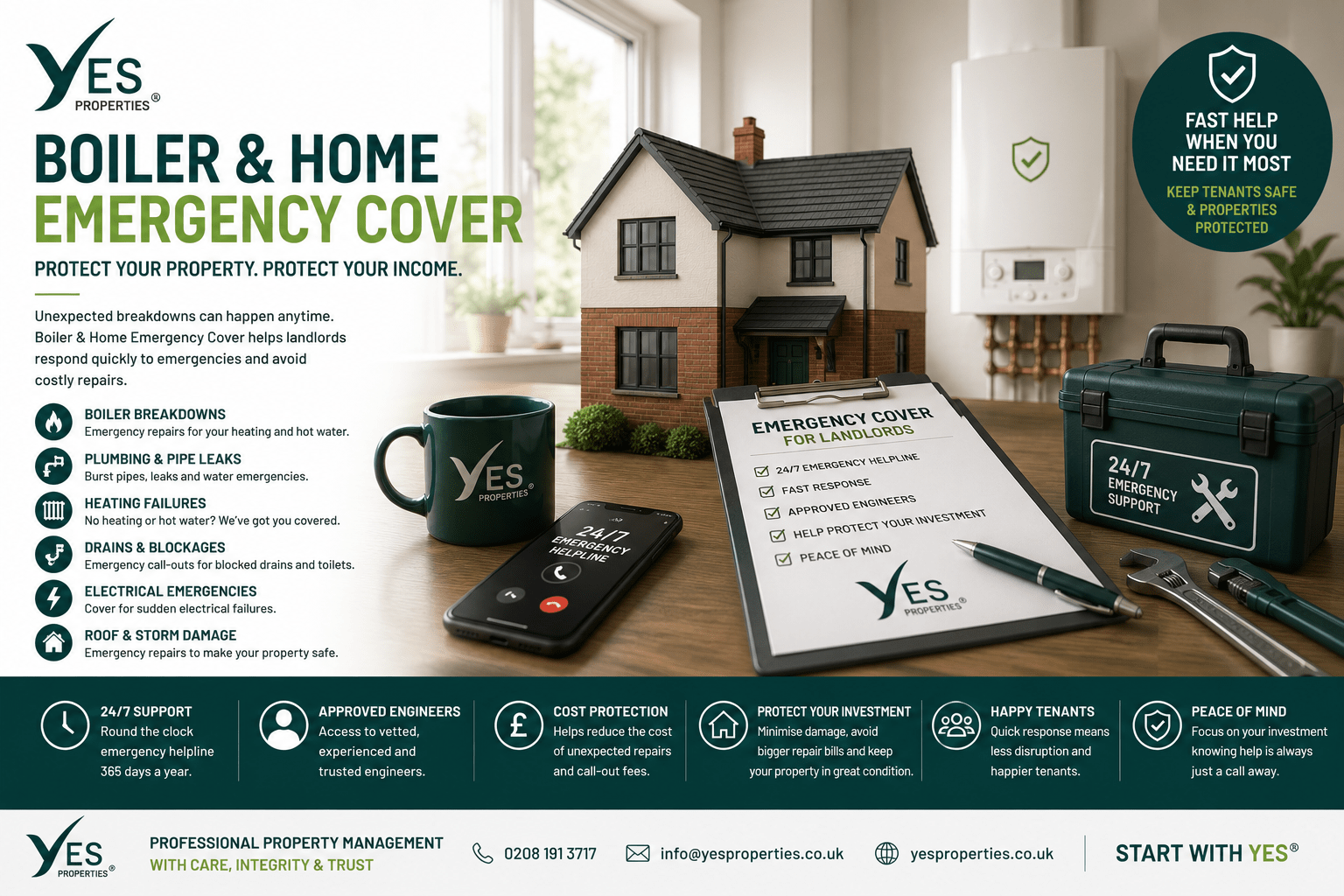Professional property manager reviewing boiler and home emergency cover documents beside a rental property, highlighting protection against boiler breakdowns, burst pipes, plumbing emergencies and heating failures.