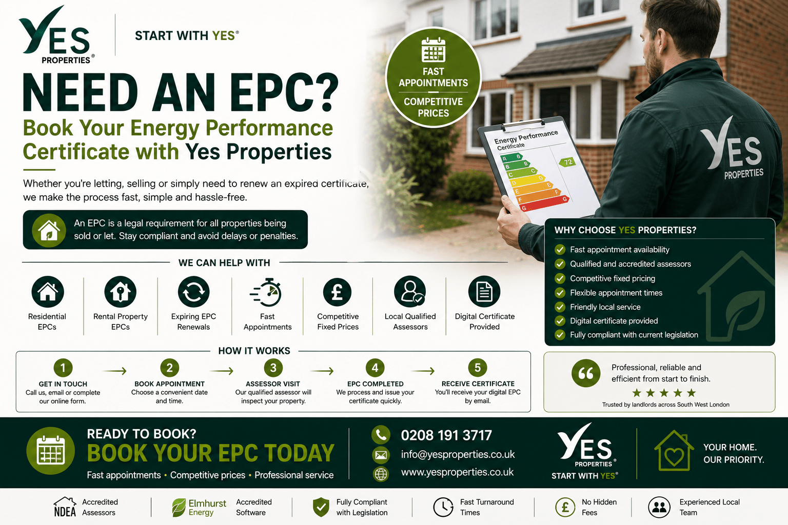 Qualified energy assessor carrying out an Energy Performance Certificate (EPC) inspection for a residential property with Yes Properties.