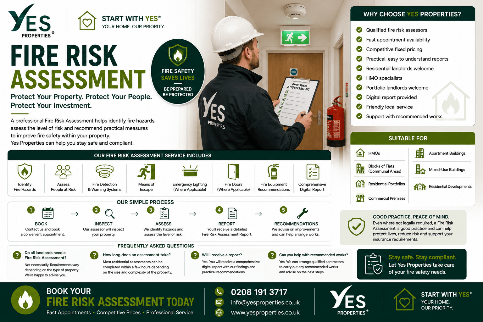 Professional fire risk assessor inspecting a residential rental property for fire hazards, escape routes and fire safety compliance.
