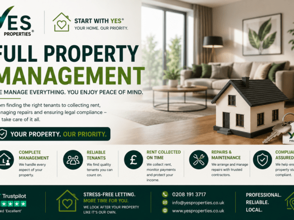 Step-by-step infographic showing the Full Property Management process by Yes Properties, from rental valuation and tenant finding through to rent collection, inspections, repairs, tenancy renewals and end of tenancy management.