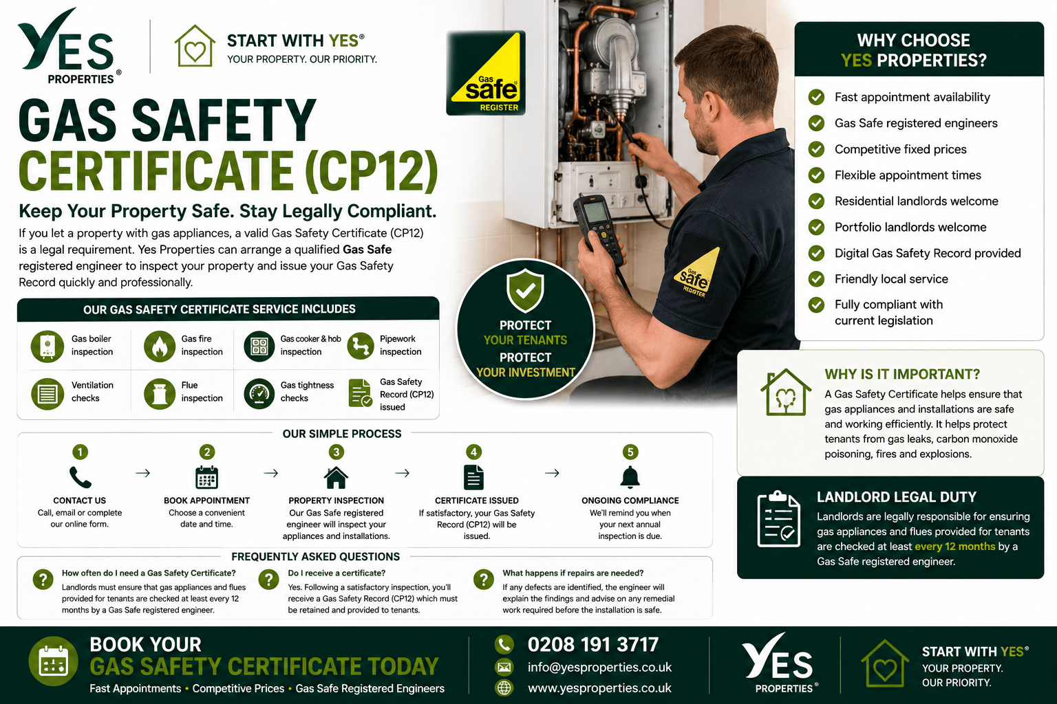 Gas Safe registered engineer carrying out a gas safety inspection on a domestic boiler for a landlord's rental property.