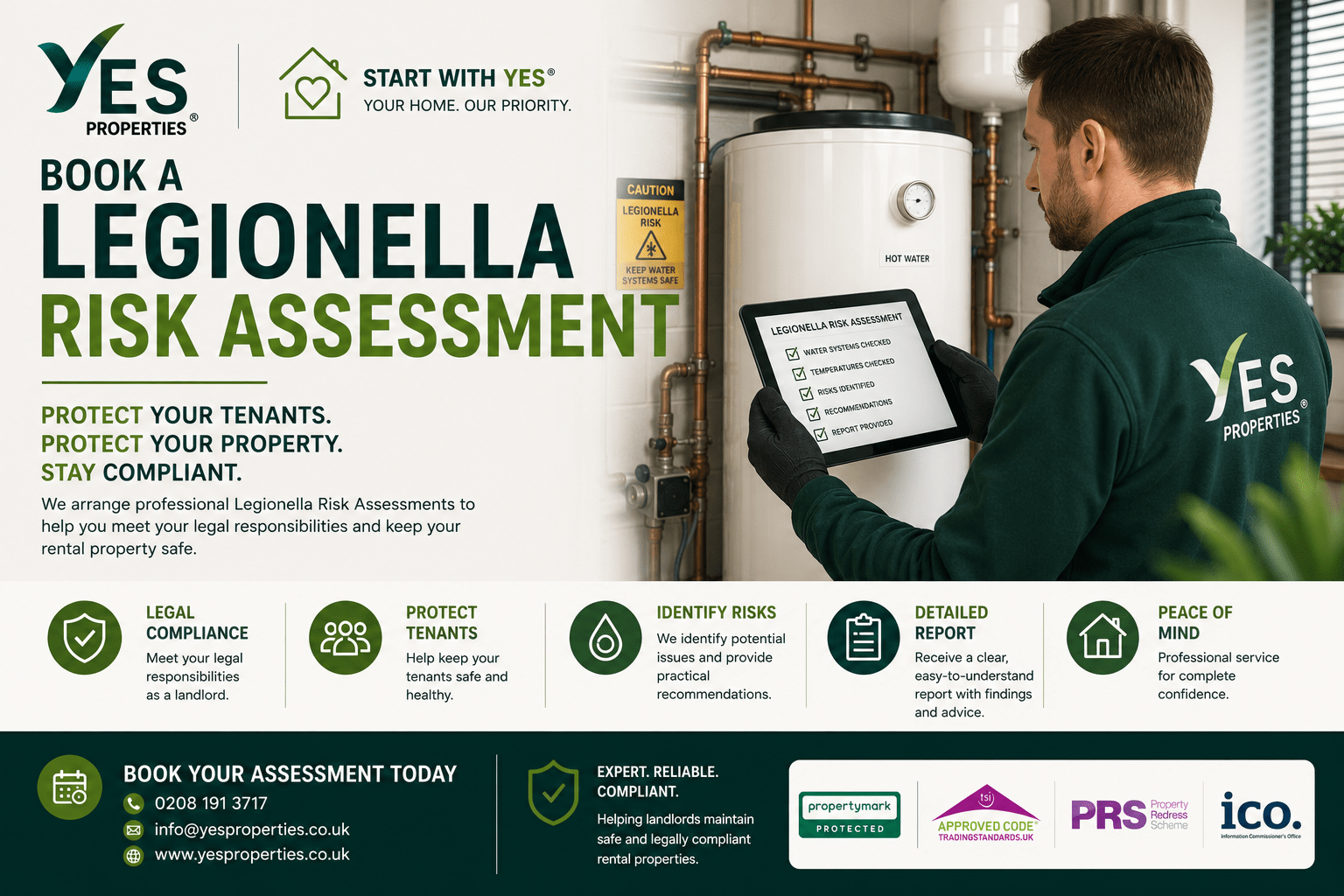 Professional Legionella Risk Assessment arranged by Yes Properties, helping landlords identify water system risks, protect tenants and meet their legal responsibilities for rental properties.