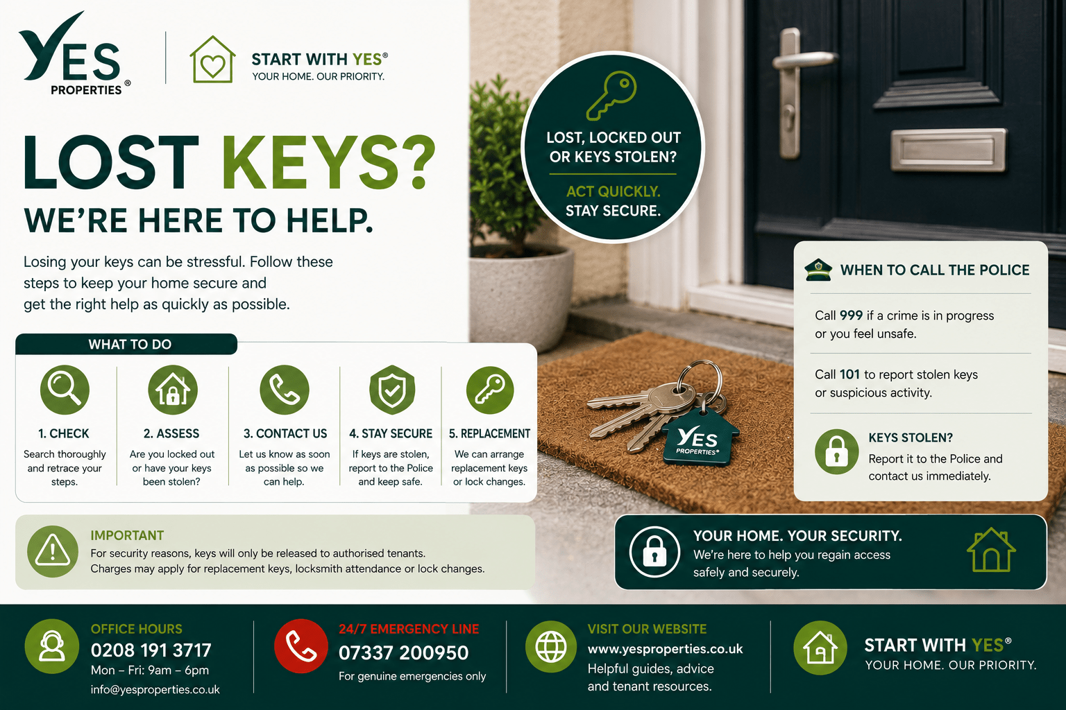 Tenant locked out of a rental property after losing house keys while contacting Yes Properties for emergency assistance.