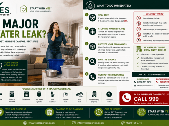 Tenant discovering a major water leak inside a rental property while contacting Yes Properties for emergency assistance and protecting belongings from flood damage.