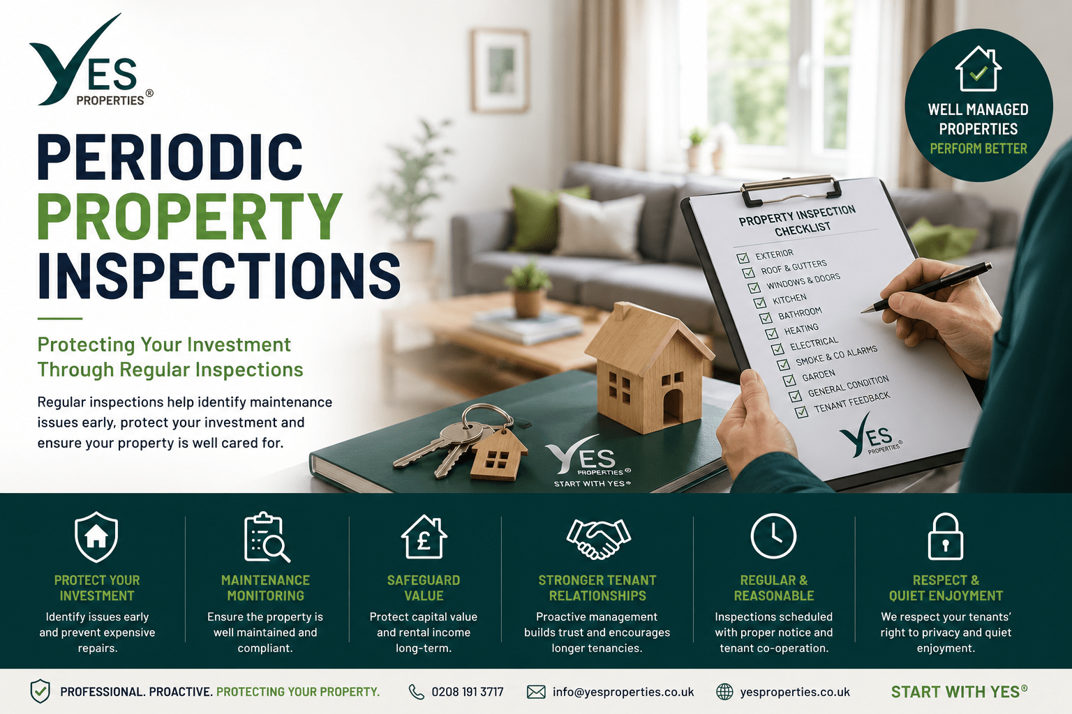 Professional property manager carrying out a routine inspection of a managed rental property using an inspection checklist, demonstrating regular property inspections, maintenance monitoring and landlord property management by Yes Properties.