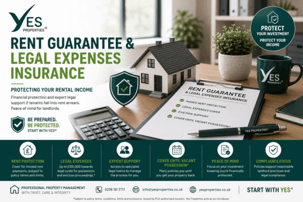 Professional landlord reviewing Rent Guarantee and Legal Expenses Insurance documents beside a model rental property, illustrating rental income protection, legal expenses cover and financial security for landlords.