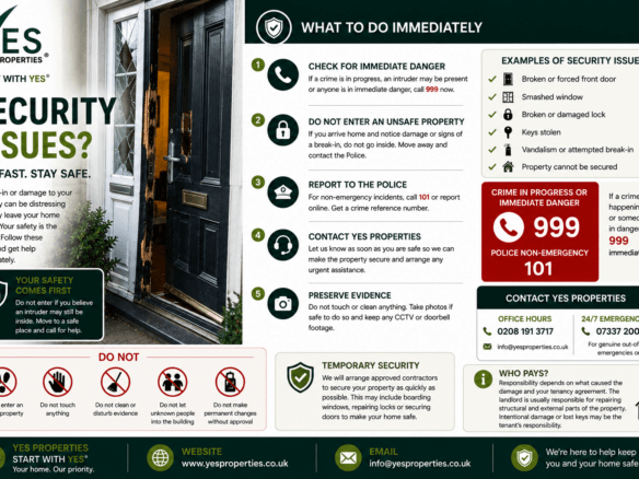 Tenant reporting a damaged entrance door and broken lock after a suspected break-in while contacting the Police and Yes Properties.