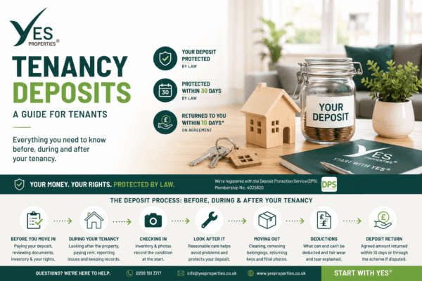 Modern rental property with keys, a protected tenancy deposit and home illustration representing the tenant deposit protection process before, during and after a tenancy in England by Yes Properties.