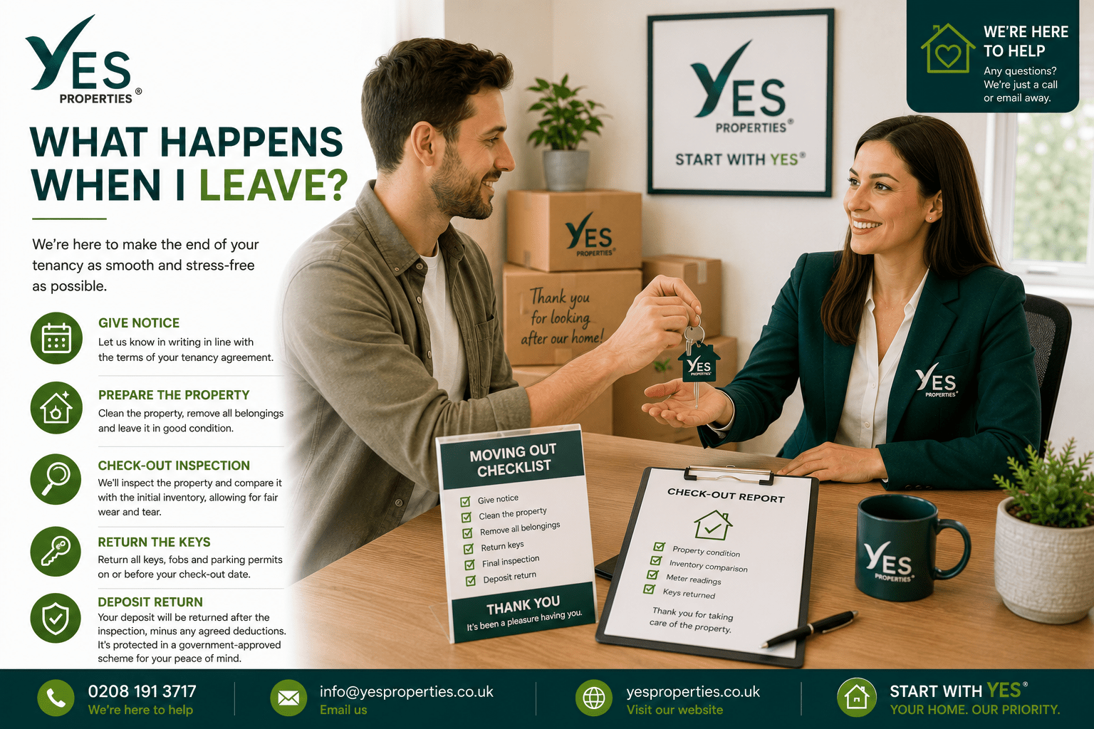 Tenant returning house keys to a Yes Properties estate agent at the end of a tenancy while completing the check-out process and final property inspection.