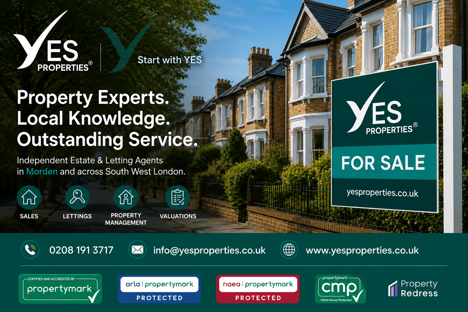 Yes Properties® homepage banner showcasing independent estate and letting agents in Morden, offering property sales, lettings, property management and valuations across South West London.