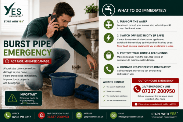Tenant turning off the stopcock after discovering a burst water pipe while contacting Yes Properties for emergency assistance.