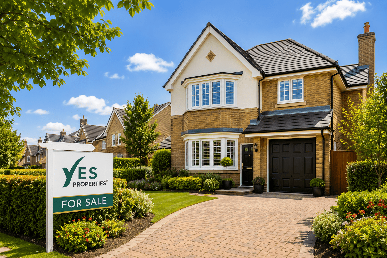 Beautiful detached freehold family home with landscaped front garden and Yes Properties For Sale board, representing freehold property ownership in the UK.