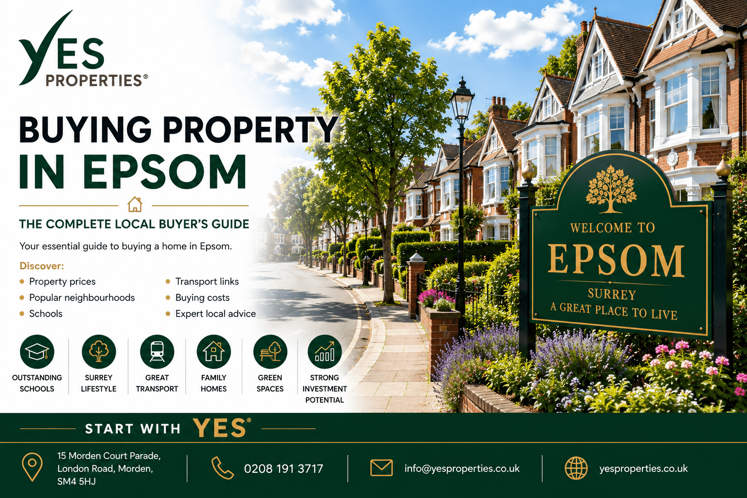 Buying Property in Epsom featuring elegant Surrey family homes, leafy residential streets and expert local guidance from Yes Properties.