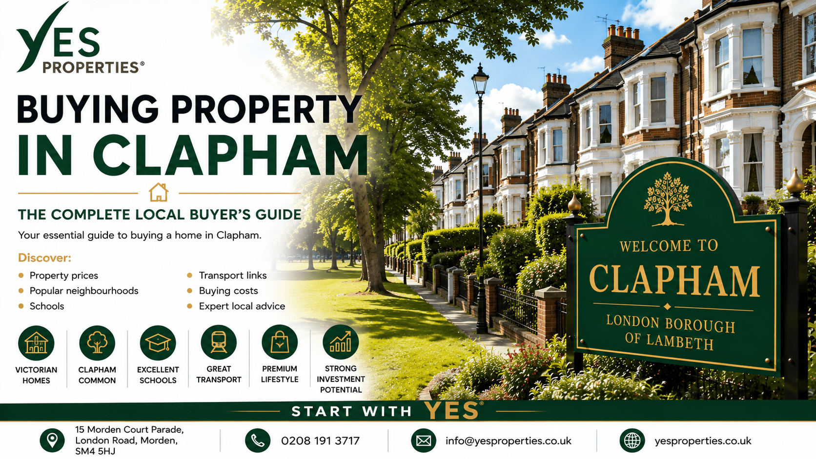 Buying Property in Clapham featuring elegant Victorian homes, tree-lined streets and expert local guidance from Yes Properties.