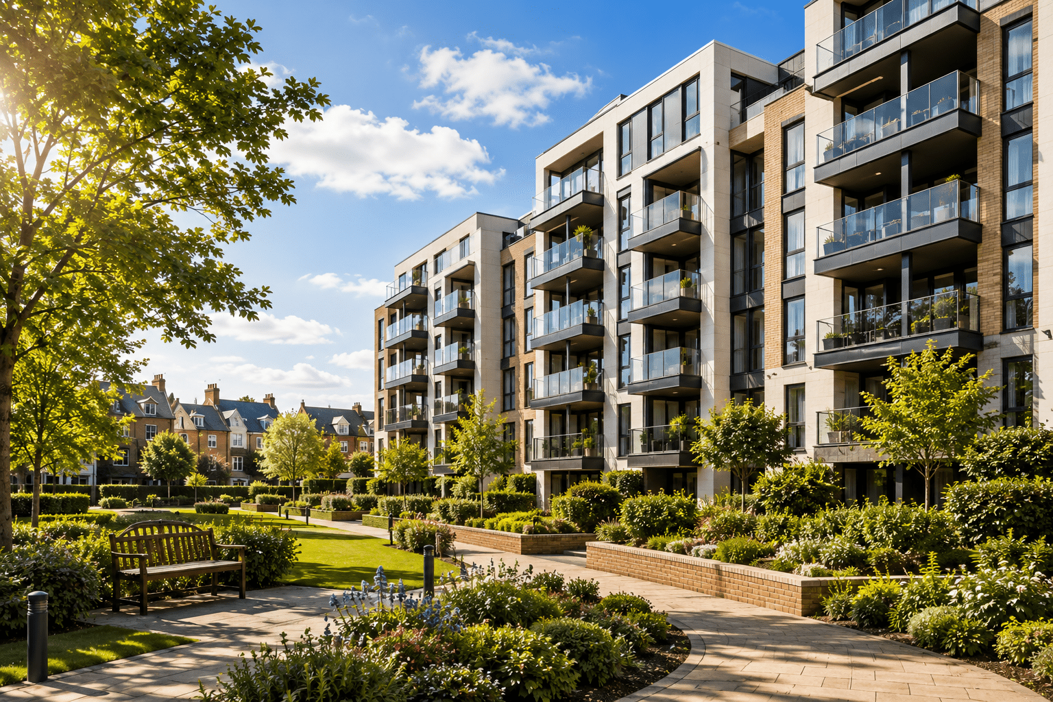Modern leasehold apartment development with landscaped communal gardens, balconies and contemporary residential buildings, representing leasehold property ownership in the UK.