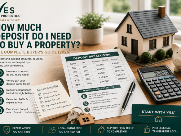 House deposit planning guide showing a property model, calculator, savings piggy bank and mortgage deposit breakdown, illustrating how much deposit buyers may need to purchase a home in the UK.