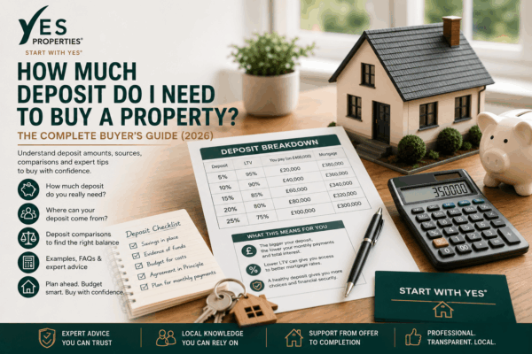 House deposit planning guide showing a property model, calculator, savings piggy bank and mortgage deposit breakdown, illustrating how much deposit buyers may need to purchase a home in the UK.