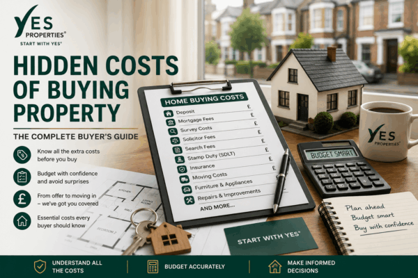 House purchase budgeting checklist with calculator, property plans, house keys and financial documents, illustrating the hidden costs involved in buying a property.