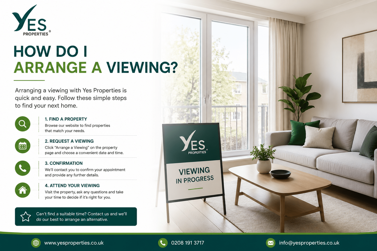 Professional estate agent arranging a property viewing for prospective tenants in a bright modern living room, illustrating the simple process of booking and attending a property viewing with Yes Properties.