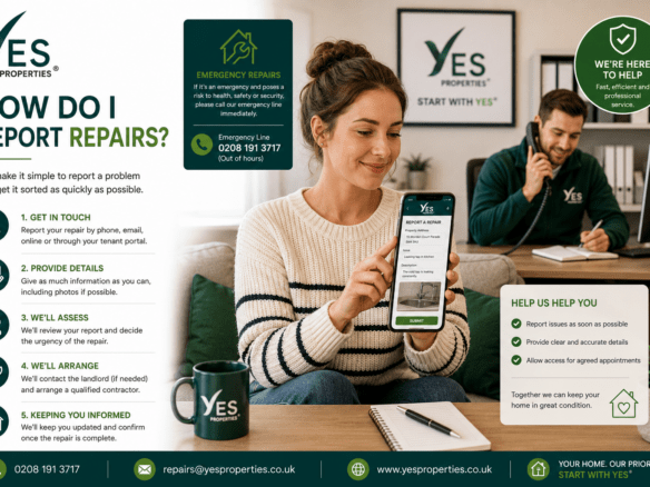 Tenant reporting a repair to Yes Properties while a property manager arranges maintenance for a rented home.