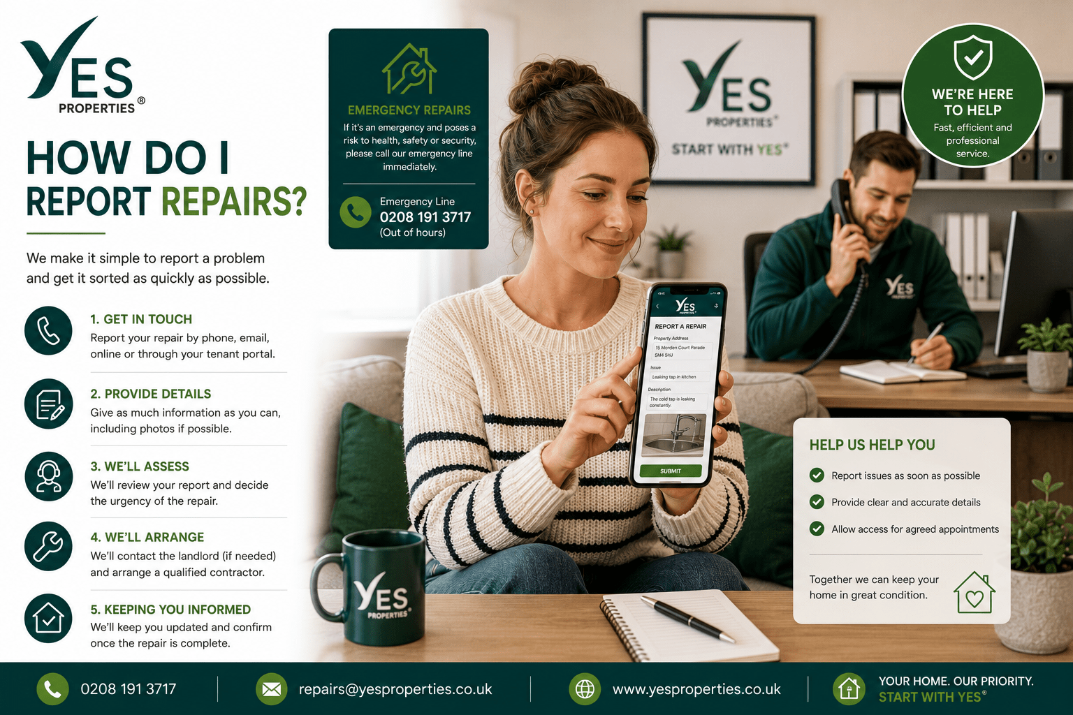 Tenant reporting a repair to Yes Properties while a property manager arranges maintenance for a rented home.