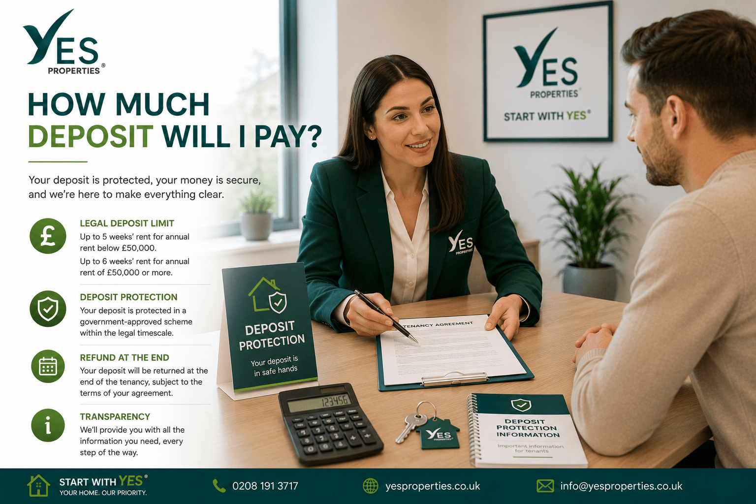 Yes Properties estate agent explaining tenancy deposit amounts and government-approved deposit protection to a prospective tenant before signing a tenancy agreement.