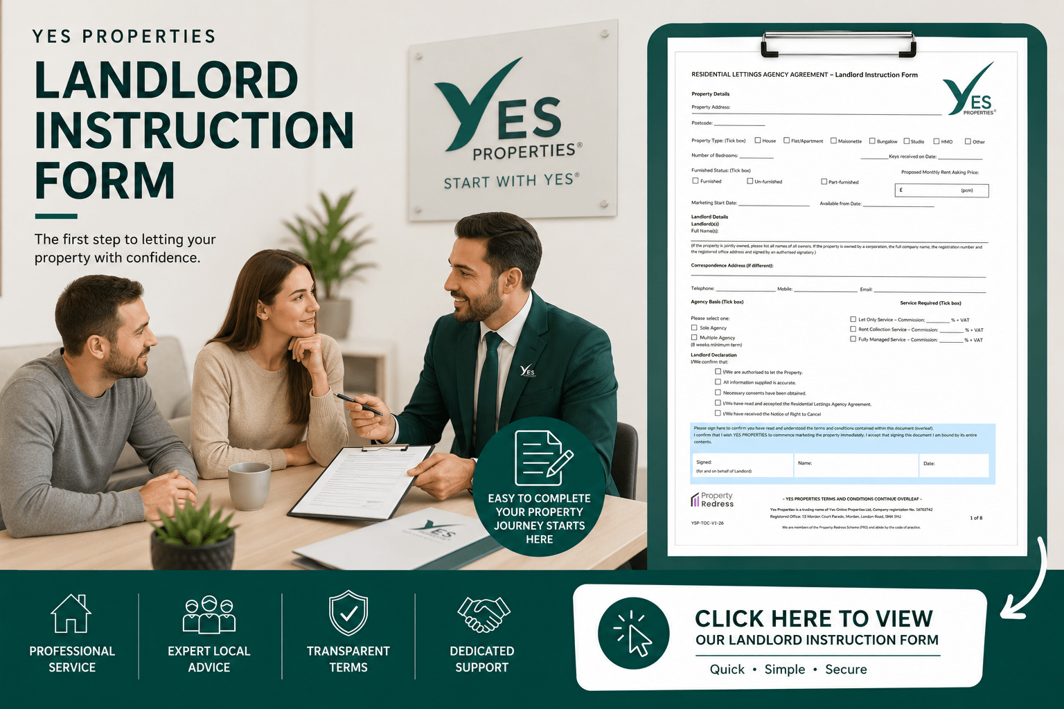 A Yes Properties negotiator explaining the Residential Lettings Agency Agreement and Landlord Instruction Form to prospective landlords, with the instruction form displayed alongside during a professional office consultation.