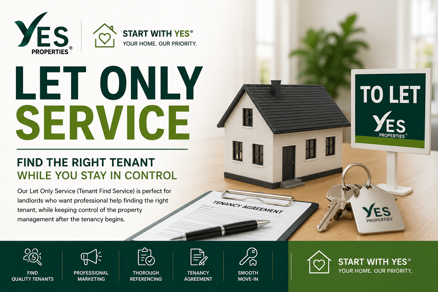 Professional letting agent providing a Let Only Service for landlords, including tenant finding, referencing, marketing and tenancy preparation by Yes Properties.