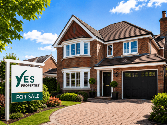 Modern detached family home with a Yes Properties For Sale board, representing buyers who have secured a Mortgage Agreement in Principle before purchasing a property.