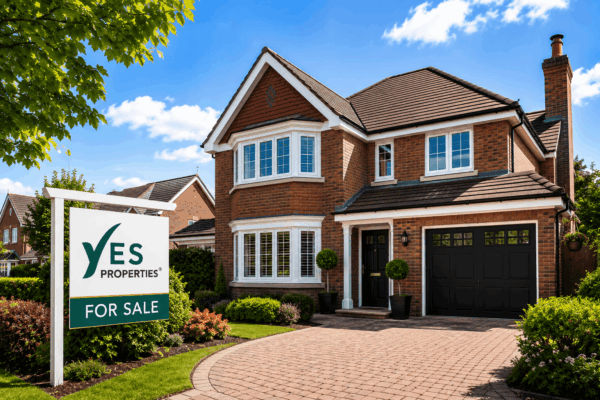 Modern detached family home with a Yes Properties For Sale board, representing buyers who have secured a Mortgage Agreement in Principle before purchasing a property.