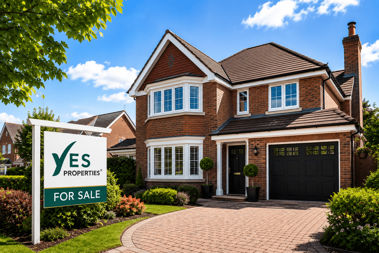 Modern detached family home with a Yes Properties For Sale board, representing buyers who have secured a Mortgage Agreement in Principle before purchasing a property.