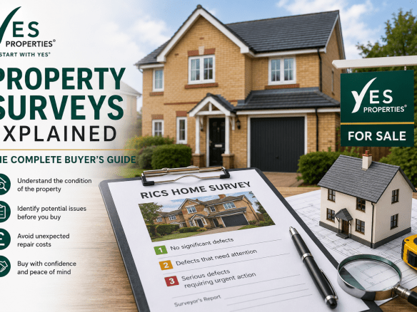 Professional property survey inspection showing a modern family home, RICS home survey report, architectural plans and survey tools, representing the importance of inspecting a property before purchase.
