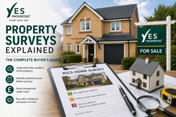 Professional property survey inspection showing a modern family home, RICS home survey report, architectural plans and survey tools, representing the importance of inspecting a property before purchase.