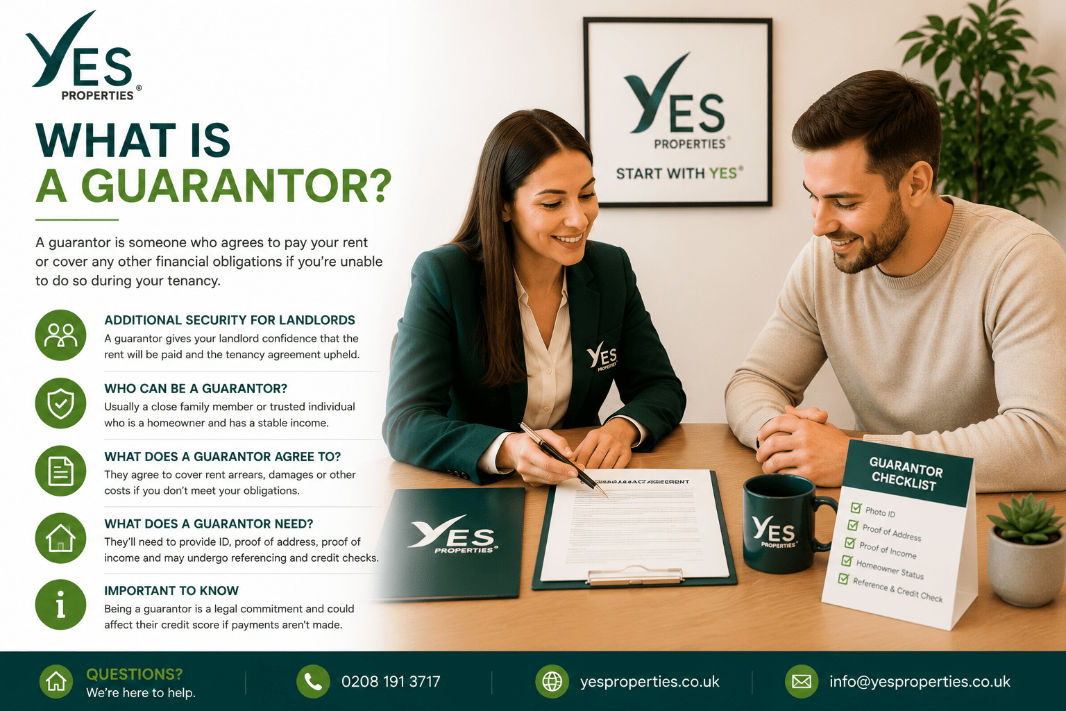 Prospective tenant discussing a guarantor agreement with a Yes Properties estate agent while reviewing guarantor responsibilities and required documents before renting a property.