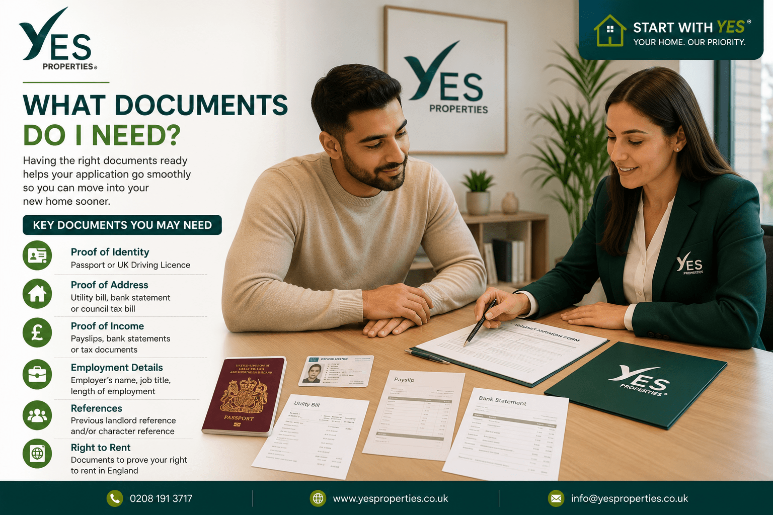 Prospective tenant meeting with a Yes Properties estate agent to review the documents needed to rent a property, including proof of identity, proof of address, proof of income, employment details, references and Right to Rent documentation.