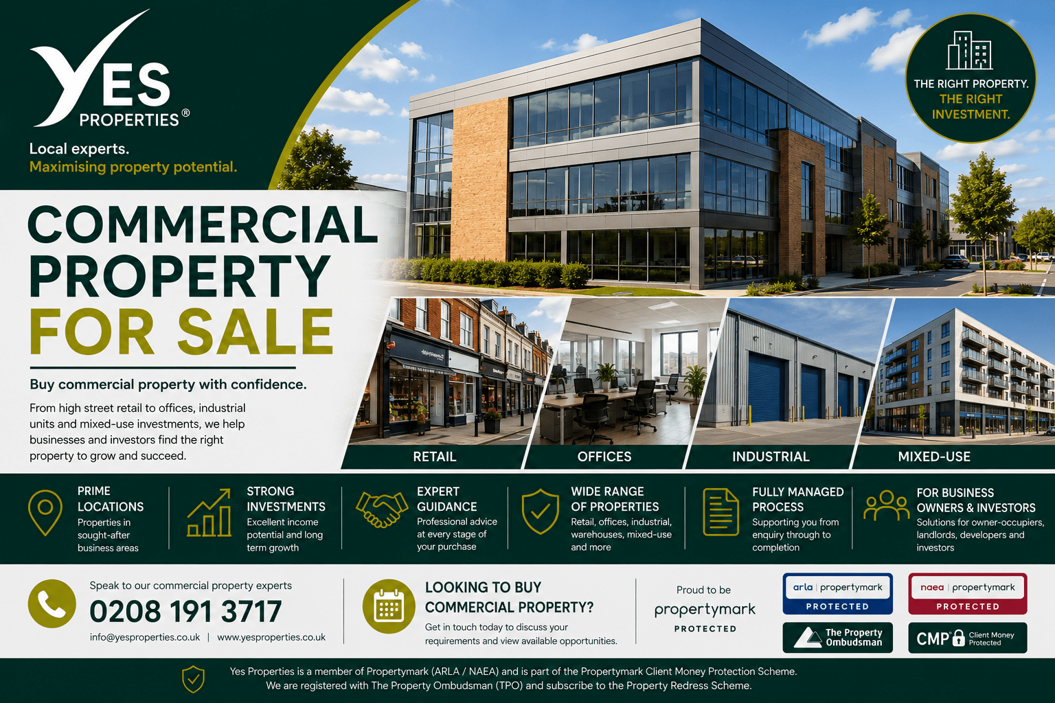 Yes Properties Commercial Property for Sale promotional image featuring offices, retail units, industrial premises and mixed-use investment properties with expert commercial property advice across South West London.