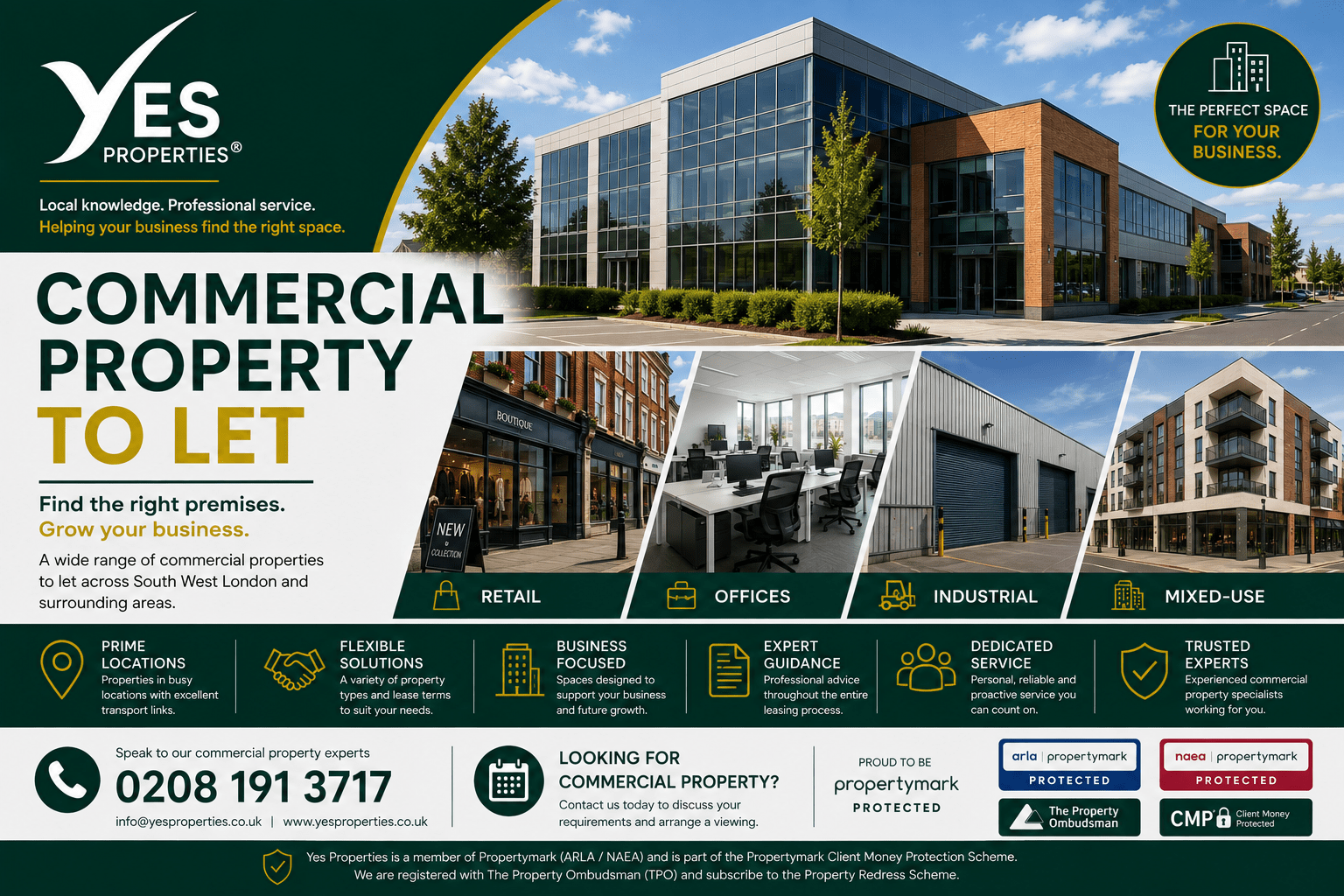 Yes Properties Commercial Property to Let promotional image featuring office buildings, retail units, industrial premises and mixed-use commercial properties available to lease across South West London.