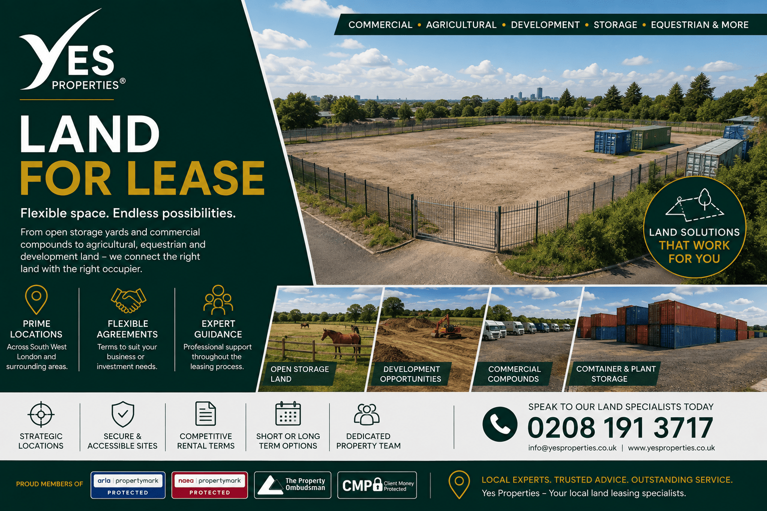 Yes Properties Land for Lease promotional image featuring commercial land, open storage yards, agricultural land and development sites available for lease across South West London.