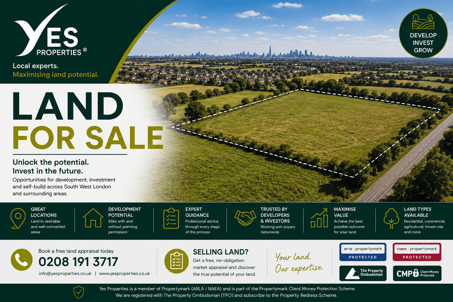 Yes Properties Land for Sale promotional image showcasing residential development land, building plots and investment opportunities with professional land appraisal and specialist marketing services across South West London.