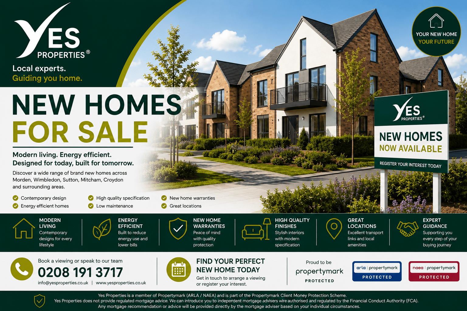 Yes Properties New Homes for Sale promotional image showcasing modern new build houses and apartments with expert guidance for first-time buyers, families and property investors across South West London.