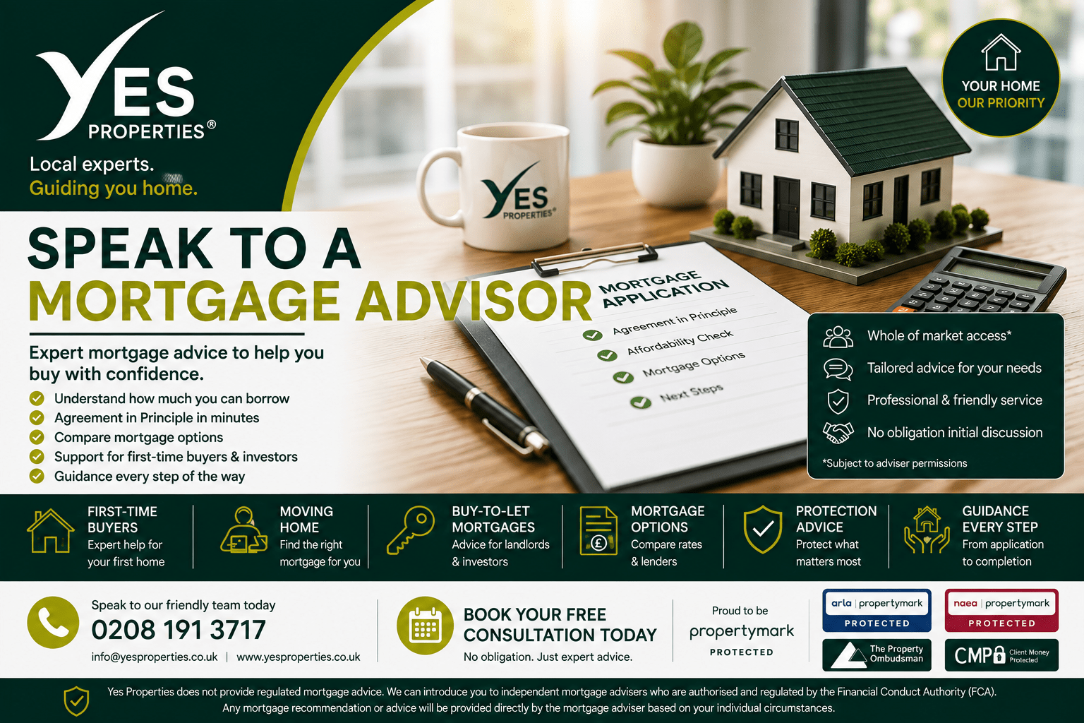 Yes Properties Speak to a Mortgage Advisor promotional image offering introductions to independent FCA-authorised mortgage advisers for first-time buyers, home movers, buy-to-let investors and remortgage clients across South West London.