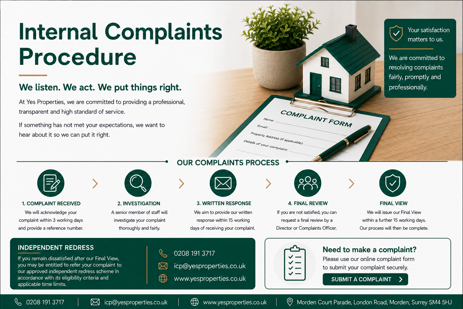 Internal Complaints Procedure at Yes Properties showing the complaint handling process, investigation stages and customer service commitment.